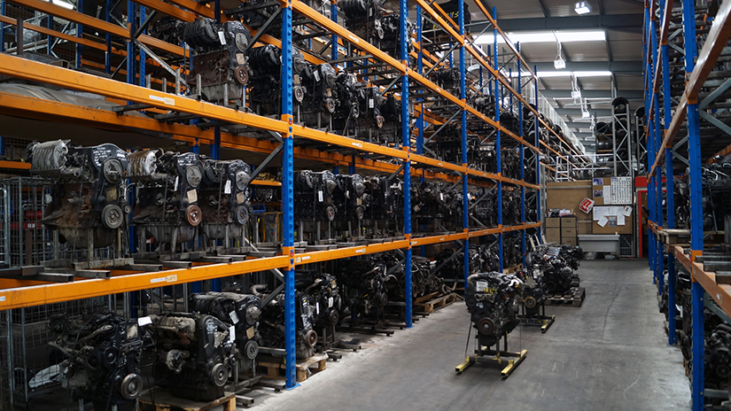 recycled vehicle engines on racking