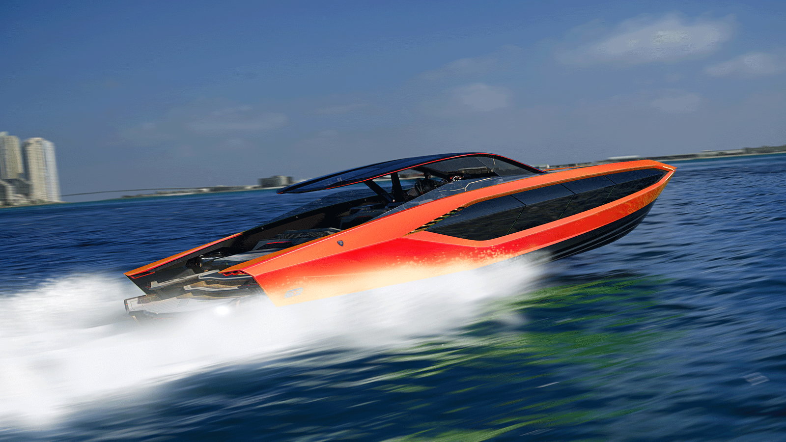 The Lamborghini motor yacht out on the open ocean